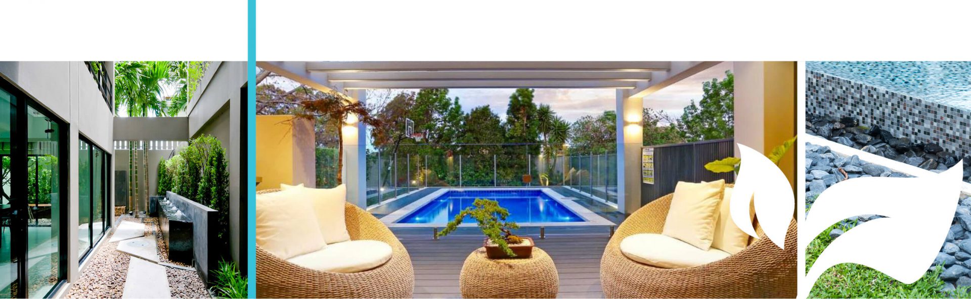 Pool surrounded by decking beside a pergola at dusk